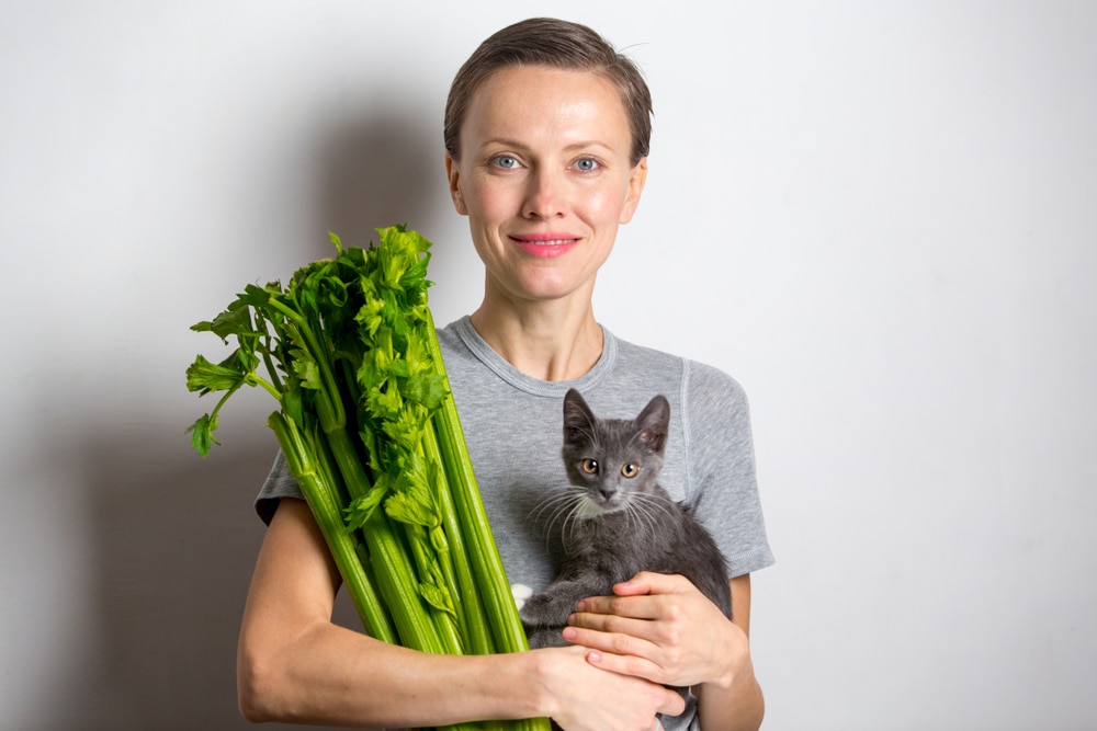 Woman Holding A Kitten And Celery Isolated Over White Background